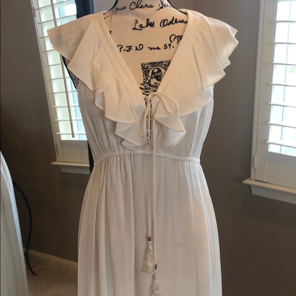 Hale Bob White Ruffled V-neck Hi-Lo, Lace-up Dress - Picture 2 of 7